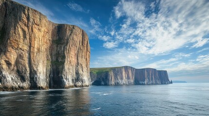 Majestic cliffs rise from the sea, a tranquil seascape under a blue sky with white clouds