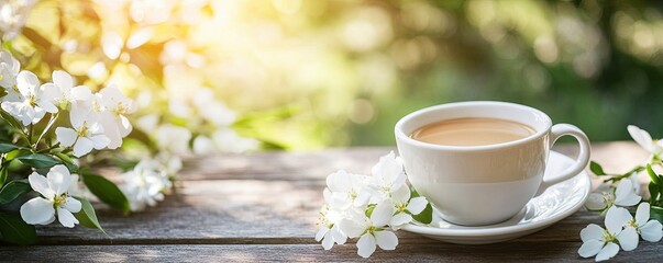 A cup of coffee with white flowers on the wooden table. Top view. Spring. Background, wallpaper, poster or banner.