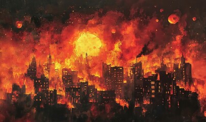 Fototapeta premium Fiery cityscape with flames engulfing buildings and embers floating