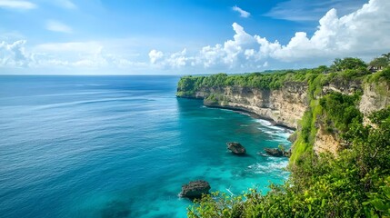 Fototapeta premium Coastal paradise, scenic ocean view with dramatic cliffs, vibrant blue waters meeting lush greenery, serene holiday escape.