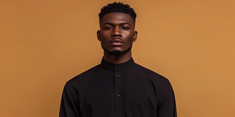 Obraz premium Young African man with short hair in a black long-sleeved shirt, centered against a warm brown background, exuding confidence and elegance.