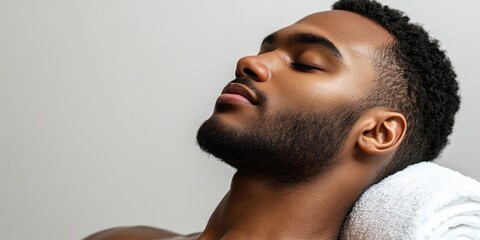 Relaxed young man with beard receiving a neck massage in a serene spa setting showcasing a light gray background with ample copy space on the left