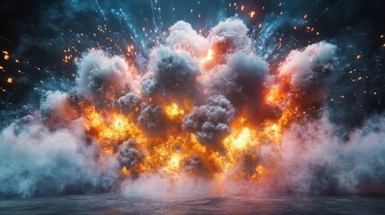Fiery explosion illuminates dark sky with billowing clouds and shockwaves at dusk, creating a dramatic and intense visual display
