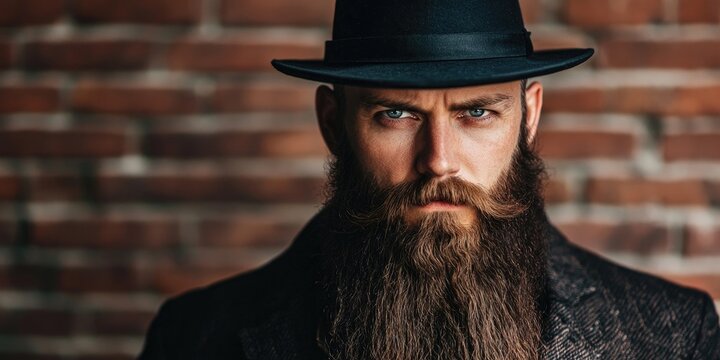 Bearded man in black hat with intense gaze poses against a brown brick wall, highlighting rich beard and vintage attire, creating a hipster vibe.
