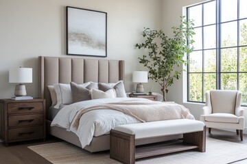 Fototapeta premium Luxurious bedroom, modern design, large window, natural light, calm atmosphere, home decor, interior design, real estate listing