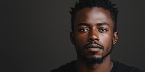 Obraz premium Strong African man with beard looking intently at the camera on a neutral grey background. Dark clothing enhances facial features and expression.