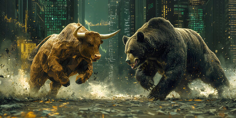 Bull vs. bear market: Bullish and bearish trends illustrated by a bull and bear facing off. Modern abstract concept for Wall Street business, finance, trading, cryptocurrency and bull market trader. 