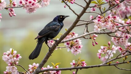 Obraz premium Grackle sitting on a spring branch with flowers in bloom behind it, tree branch, bird