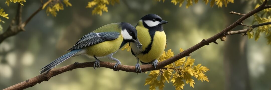 Graceful great tit perched on a branch against an oak tree backdrop, wildlife, elegance, parus major, great tit, branch