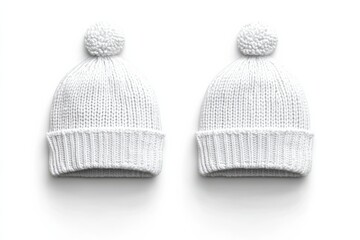 Two matching white knitted beanies with pom poms displayed on a neutral background