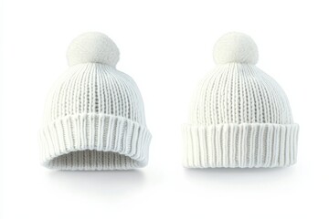 White knitted winter hats with pom-poms displayed side by side against a plain background