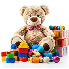 Teddy bear with colorful blocks; playroom, childhood joy, toys