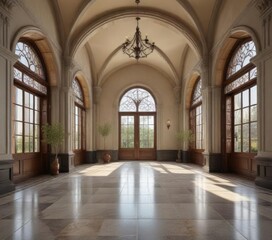 Obraz premium Grand entrance hall with tile floor and arched windows, elegant decor, classical columns