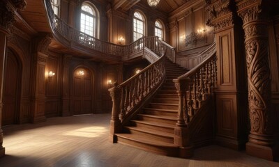 Obraz premium Grand wooden staircase with intricate carvings and a high ceiling , traditional, wooden, elegant