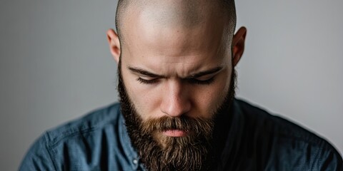 Serious young bearded man with a bald head looking down thoughtfully against a soft gray backdrop emphasizing introspection and calmness.