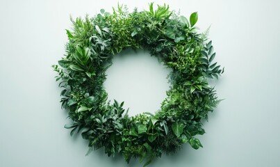 Leafy circular arrangement made from fresh greenery on a light background