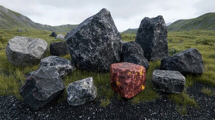 Rocks scattered on grassy hillside, mountainous background, geological texture, nature scene, suitable for construction or design