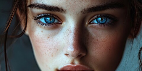 Fototapeta premium Close-up portrait of a woman with striking blue eyes and fair skin, soft focus background highlighting her subtle makeup and natural beauty.