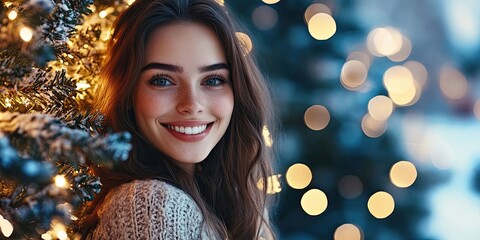 Joyful woman with long brown hair smiles in front of a Christmas tree adorned with warm yellow lights against a softly blurred snowy background.