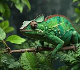 Green scaly body of a chameleon blending with leaves , fly, environmental