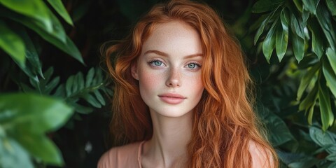 Fototapeta premium Young woman with vibrant red hair in soft natural light, framed by rich green foliage, showcasing serene beauty amidst lush greenery.