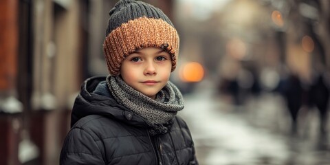 Young boy wearing a gray and brown beanie and scarf in an urban street, winter setting with blurred city background and soft lighting.