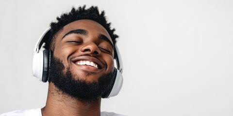 Joyful young black man with headphones smiling against a soft white background focusing on his content expression and natural hairstyle