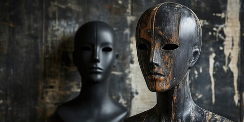 Vintage black mannequins with distressed wooden textures in the foreground and a smooth black mannequin in the background against a textured wall