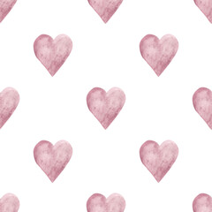 Hand drawn hearts. Powder pink watercolor. Seamless festive pattern for your design