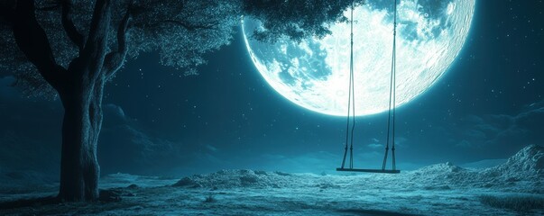 Fototapeta premium Majestic night landscape with tree, swing, and full moon in starry sky