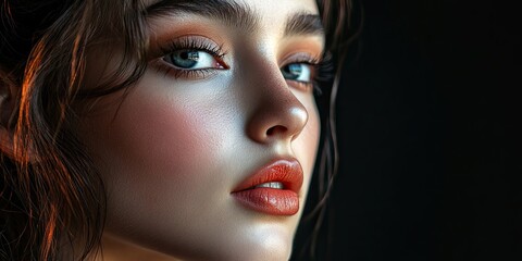 Fototapeta premium Closeup portrait of a young woman with flawless makeup and glossy lips, featuring soft lighting and a dark background enhancing her striking features.