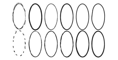 Grunge set of ellipse frames. Oval shapes modern black. Vector hand drawn border collection illustration isolated on white background.