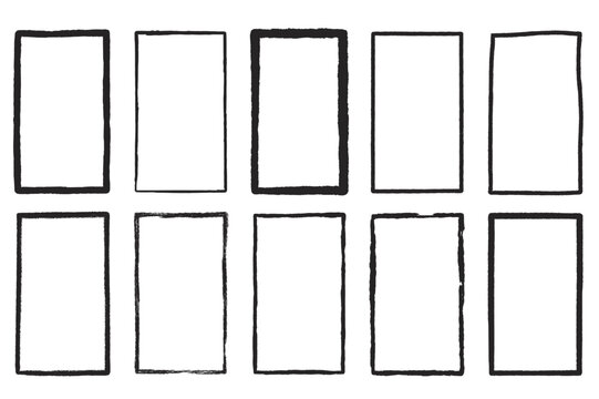 Grunge rectangle frames set. Square shapes modern black. Vector hand drawn collection illustration isolated on white background.