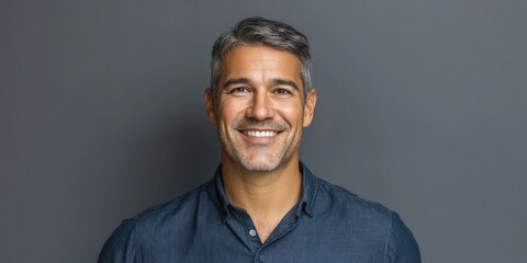 Obraz premium Smiling middle-aged man in dark blue shirt against a soft gray background exuding confidence and warmth with a direct gaze and casual pose.