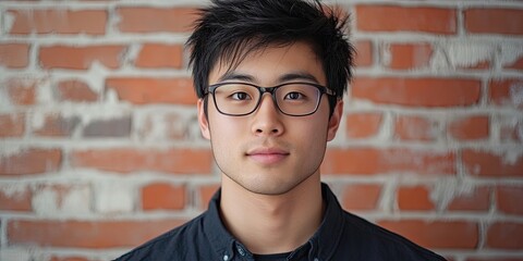 Confident young Asian man with stylish eyeglasses posing against a rustic red brick wall, capturing natural light and amiable expression.