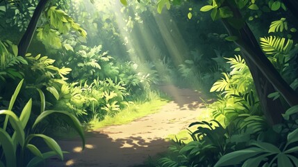 Obraz premium Sunlight filters through lush greenery along a serene forest path in the early morning hours