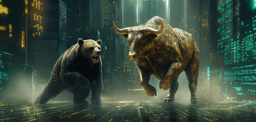 Bull vs. bear market: Bullish and bearish trends illustrated by a bull and bear facing off. Modern abstract concept for Wall Street business, finance, trading, cryptocurrency and bull market trader. 