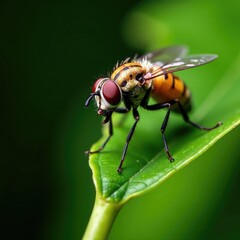A swarm of flies buzzing around a green leaf stem, entomology, macro