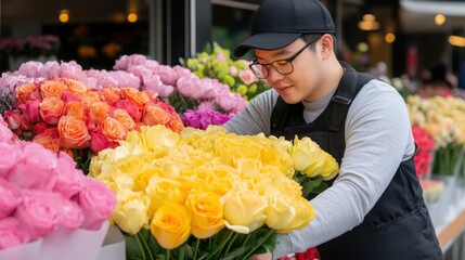 a vibrant flower market with rows of colorful blooms, a cheerful vendor arranging bouquets