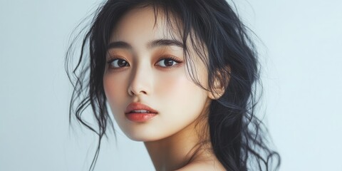 Fototapeta premium Young Asian woman with soft makeup and wavy black hair, gazing softly to the left against a light blue background, exuding elegance and beauty.