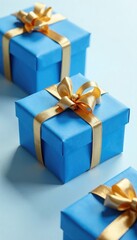 Blue gift boxes on a white background with gold ribbons, blue gift box, colorful
