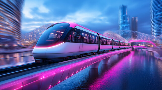 Futuristic monorails traverse surreal water canals with glowing bridges in a vibrant urban landscape