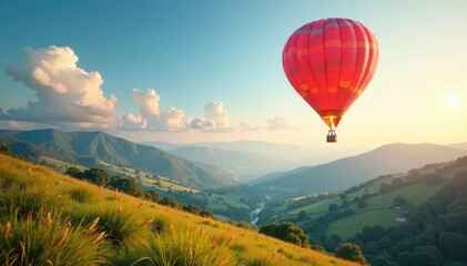 Fototapeta premium Bright balloon drifting over serene landscape, soft, drift