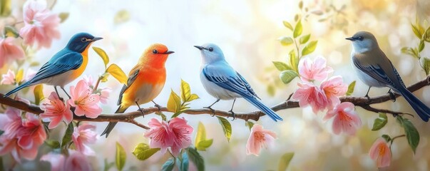 Colorful birds on cherry blossom branch in springtime garden