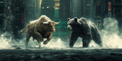 Bull vs. bear market: Bullish and bearish trends illustrated by a bull and bear facing off. Modern abstract concept for Wall Street business, finance, trading, cryptocurrency and bull market trader. 