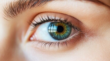 Obraz premium Close-up view of a human eye showcasing intricate details and vibrant colors in natural light