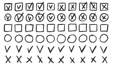 Set of checkboxes. Tick and check marks pack. Cross and v sign pencil drawn. Correct and wrong symbols. Vector doodle collection illustration isolated on white background.