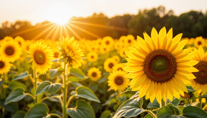 Obraz premium Vibrant sunflowers blooming in golden sunlight, summer beauty