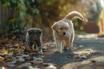 Golden retriever puppy and tabby kitten walking on a path covered with dry leaves