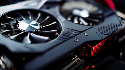A detailed close-up of a high-performance graphics card, clean tech desk with minimal distractions, Tech-savvy style